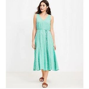 LOFT XS Polka Dot Green Linen V Neck Sleeveless Midi Dress